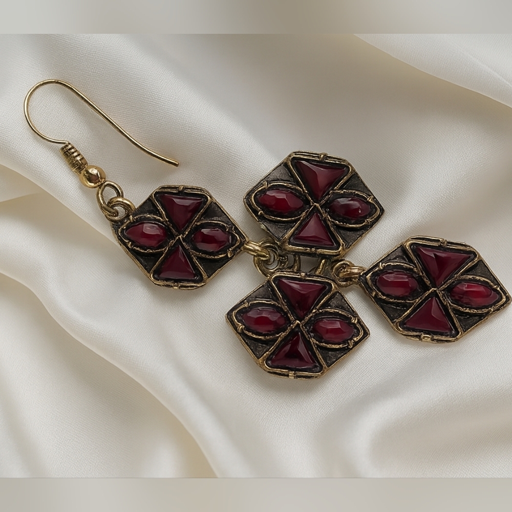 Burgundy Petal Cross Earrings – Gold-Tone Floral Dangles Statement Jewelry
